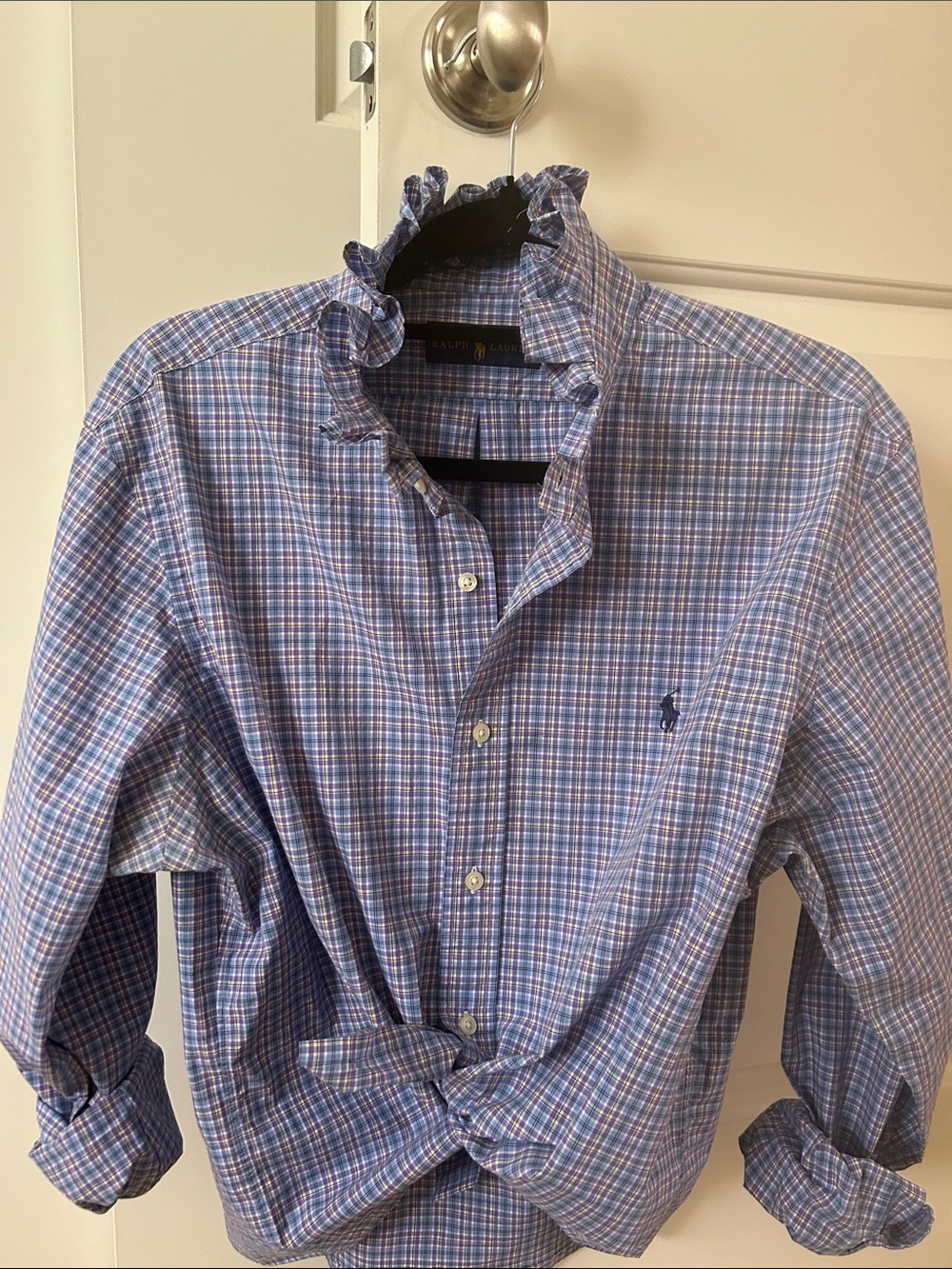Ralph Lauren Light Blue and lavender Plaid Shirt recreated for a woman, ruffled